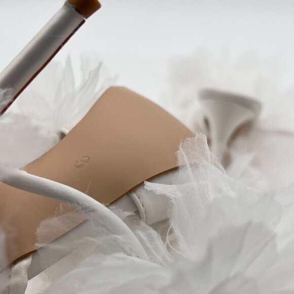 FSJ White Pointed Toe Lace-Up Sandals Tulle and Feather Bridal Shoes - Picture 6 of 8